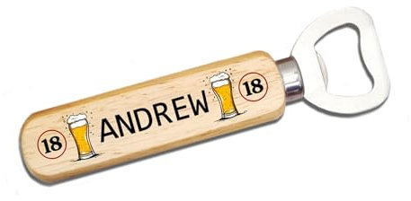 Handmade Personalised Wooden Bottle Opener – 18th Birthday – Custom Printed Beer Opener with Age & Beer Mug Design – Rustic Wood Handle & Stainless Steel – Fun Beer Gift for 18th Birthday