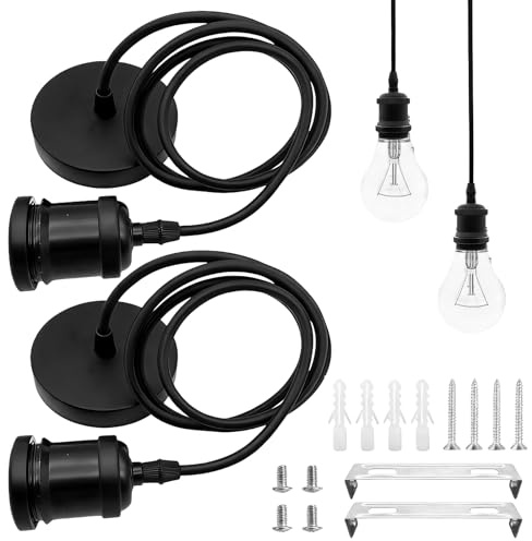 PRITOK 2 Pack Black Pendant Light Fitting with 100cm Flex Cable: E27 Industrial Style Black Ceiling Rose, E27 Lamp Holders, Vintage Style Ceiling Pendant Fitting for Living Room, Hallway, Kitchen