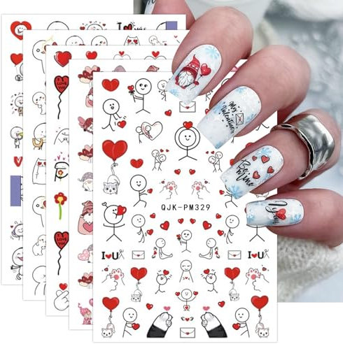 JMEOWIO 8 Sheets Valentines Nail Art Stickers Decals Self-Adhesive Day Heart Nail Supplies Nail Art Design Decoration Accessories