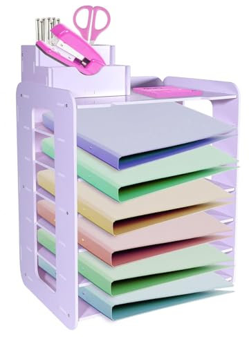 HMXLJJY Bac à courrier à 7 niveaux, organiseur de documents A4, plateau de fichiers de bureau, organiseur de bureau empilable avec porte-stylo (blanc)