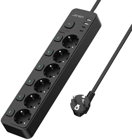JSVER Steckdosenleiste Einzeln Schaltbar,Mehrfachsteckdose 6 Fach mit 2 USB A,2 USB C, Schreibtisch(3680W 16A) Steckdosen für Büro, zu Hause oder auf Reisen 2m Kabel-Schwarz
