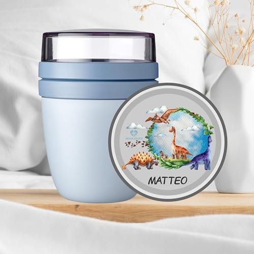 wolga-kreativ Personalisiertes Müslibecher to Go - Mepal Müslibecher, Joghurtbecher to Go für Kinder, Dino Design, Geschenk zur Einschulung, Schule & Kindergarten mit Namen