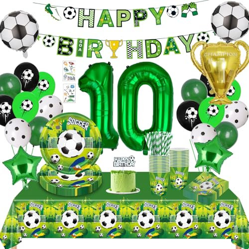 Fussball Geburtstag Deko 10 Jahre,Fussball Partygeschirr Set, Fußball Luftballon 10. Geburtstag,Geburtstagsdeko Jungen 10 Jahre,Pappteller Tischdecke für Fussball Party Kindergeburtstag 16 Gäste