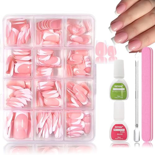 Virellay 288 Stück French Square Falsche Nägel Zum Aufkleben Kit - Full Cover kurz Kleber Acryl Nagel Tips - Hochwertiges Rosa Weiß Fake Nails für Frauen - Künstliche Nägel Tips für Maniküre DIY