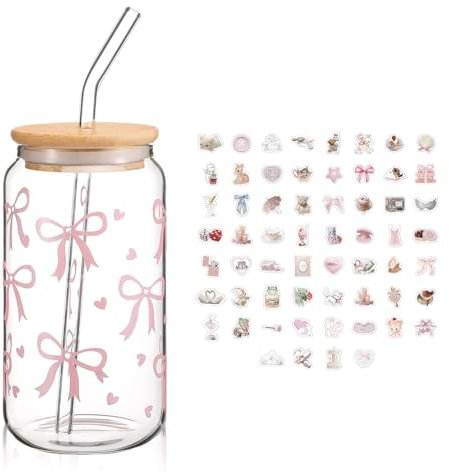 Glas Trinkbecher mit Deckel und Strohhalm, Rosa Schleife Aus Glas mit 60 Aufklebern, Dosenförmige Smoothie-Eiskaffeegläser, 16-Unzen-Schleifenbecher für Bubble Tea, Kaffee, Geschenk für Mädchen