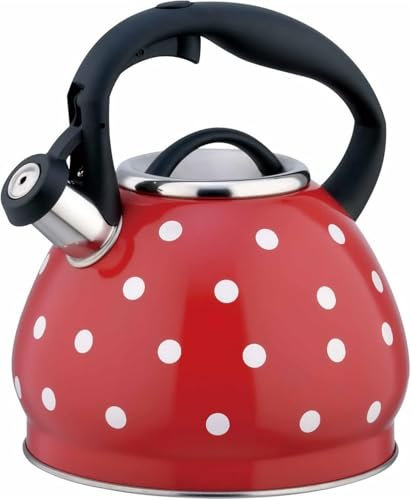 Pfeifender Teekessel für den Herd, rot, 3,2 Quart, lebensmittelechter 304 Edelstahl-Teekessel, gepunkteter Teekessel zum Kochen von Wasser, Kaffee oder Milch, für alle Herdplatten geeignet