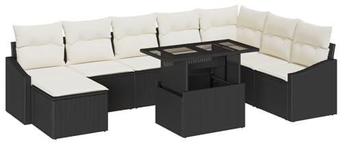 vidaXL Garten-Sofa-Set mit Kissen 9 pcs Schwarz und Creme, Garten und Terrasse, moderner Rattan-Sofagarnitur, UV-beständige Materialien, abnehmbare Kissen, Sitzgruppe für den Außenbereich