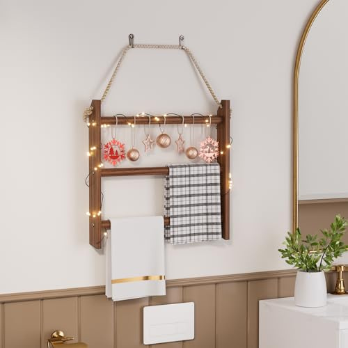 XLHOMO Brown Towel Ladder, 3 Tier Wooden Rustic Blanket Ladder for Living Room & Bathroom, Mini Ladder Tea Towel Stand Holder Display Hanger, Wall Hanging Towel Rack with Rope for Christmas Decor