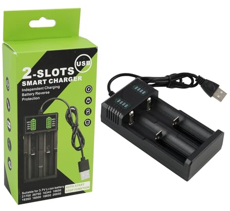 Akkuladegerät 3.7V für 18650, 18350, 14500, 16340, 17500, 17670, 18500, 21700, 26650 Li-Ion Akku, Batterieladegerät mit 2 Schacht, USB Kabel, Li-Ion Akku Ladegerät, Akku Ladegerät 18650