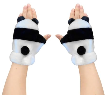 Faxianther Plüsch Fäustlinge Handschuhe für Kinder Niedlich Panda Handschuhe Fingerlose Handschuhe Winter Herbst Thermohandschuhe Halbe Fingerhandschuhe Weich Warme Fahrradhandschuhe Winterhandschuhe