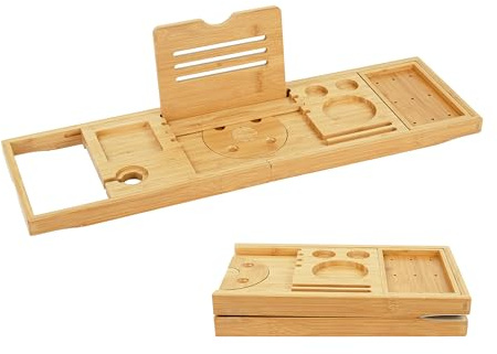Relaxdays Badewannenablage, Bambus, ausziehbar 70–105 cm, klappbar, Natur | Glashalter & Buchstütze, Badewannenbrett