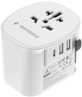 Gembird Geerdeter Universeller Reise-Adapter 15W - Kompakt und Schnellladefähig, Kompatibel mit Smartphones, Tablets und USB-Geräten, Weiß - Ideal für Reisen und Alltag