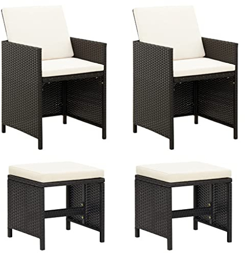 Owoxanthellate Owox 4tlg. Gartenstuhl- & Hocker-Set Schwarz Poly Rattan wetterfest 52x60x85 cm, cremeweiße Kissen, Stahlrahmen, klappbar