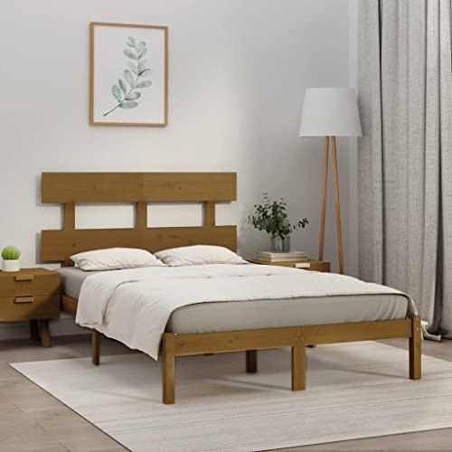 JHQHSM Massivholzbettgestell aus Kiefernholz 200x200 cm Honigbraun mit Kopfteil - Robustes Bettgestell mit zeitlosem Design - 4 Stück Massive Holzbalken für Stabilität