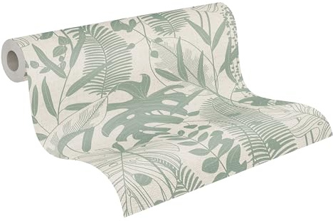 A.S. Création Palmenblatt-Vliestapete – Creme, Grau, Grün – 10,05 x 0,53 m | Florales Palmenblatt-Motivals Akzent – schimmernde Motivtapete im Metallic-Look, einfach zu verkleben & spurlos abziehbar