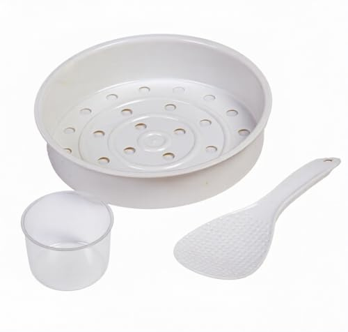 Rice and Vegetable Steamer Set with 160ml Measuring Cup and Spatula, White Plastic Kitchen Steaming Tray with Drainage Holes