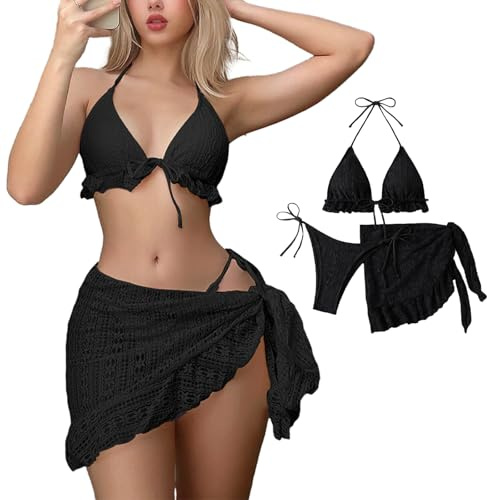ZCJ Bikini da donna, in tinta unita, sexy, con gonna in tulle, spaziatura regolabile e allacciatura sul retro, lati