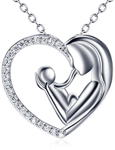 Muttertagsschmuck Geburtstagsgeschenke Mutter und Kind Lieben Herz Anhänger Halskette 925 Sterling Silber mit Zarten Zirkonia 18 Geschenke für Mama Oma Damen Frauen (Mutter und Kind)