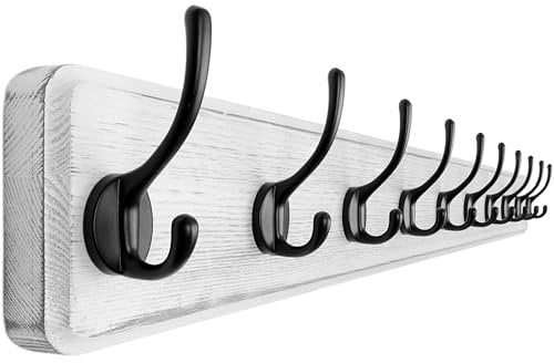 Dseap Garderobe, 97cm Lang Robust Hakenleiste Garderobenleiste Holz mit 10 Haken, Garderobenhaken Wand, Kleiderhaken für Mantel Kleidung Hut Jacken Schals,Weiß