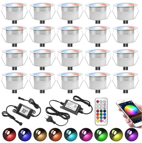 20er WIFI RGBWW (4 in 1) Bodeneinbauleuchten Arbeitet mit Alexa,LED Einbaustrahler DC12V Ø30mm 0.6W LED Boden WiFi Wireless Smart Phone Full Kit