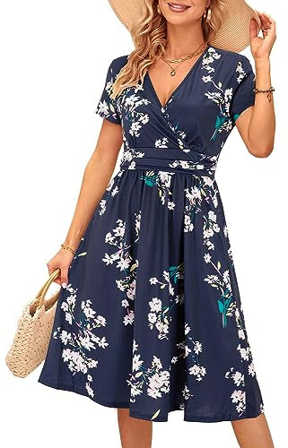 OUGES Damen Sommerkleid Kurzarm V-Ausschnitt Knielang Blumenmuster Midi Kleid mit Taschen Florals