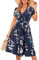 OUGES Damen Sommerkleid Kurzarm V-Ausschnitt Knielang Blumenmuster Midi Kleid mit Taschen Florals