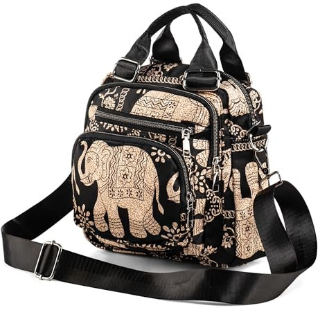 LaRechor Elefant Tasche Damen Frauen Umhängetasche Schultertasche Handasche Nylon Rucksack Schulrucksack mit Großer Kapazität Kleine Reisetasche Leicht National Vintage