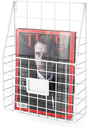 Flexzion Wall Mounted Magazine File Rack Organizer for Entryway Mail Office Kitchen Bathroom Home Basket Bin Decor Metal Wire Shelves Storage for A4 Documents Tablest DMs Comic Books Recipes, White