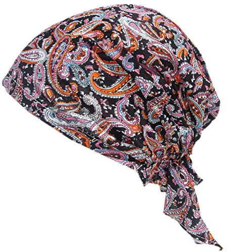 Cool4 Sommer Kopftuch Strand Bandana Meer Beanie Sonne Sonnenschutz Mütze Chemo Cap A04 (Schwarz mit orange pink braunen Paisleymuster)