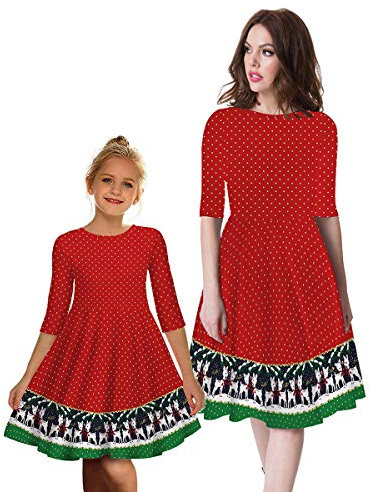 IBAKOM Weihnachten Mutter Tochter Partnerlook Kleid Damen Mädchen Mittel Ärmel Weihnachtskleid Weihnachtskleidung Mama Kinder Kleider Familie Kleidung Rot 3 9-10 Jahre