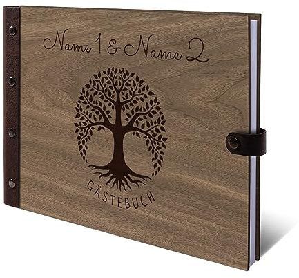 Personalisiertes Hochzeit Gästebuch Nussbaum Holz Gravur individuell Holzcover mit Lederrücken 72 Blatt | 144 Seiten DIN A4 quer 302x215mm - Lebensbaum