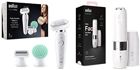 Braun Silk-épil 9 Flex Epilator, Flexible Head, White/Gold & Face Mini Hair Remover, Facial Hair Removal Anytime, Portable Design