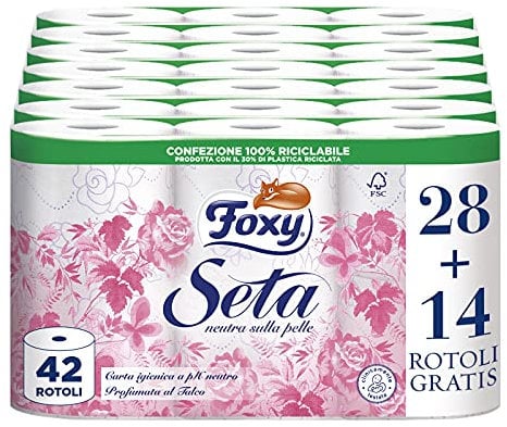 Foxy Soie | Papier toilette neutre sur la peau | 28 + 14 rouleaux | 216 feuilles par rouleau | 2 épaisseurs haute épaisseur | Papier 100% certifié FSC® | Emballage 100% recyclable