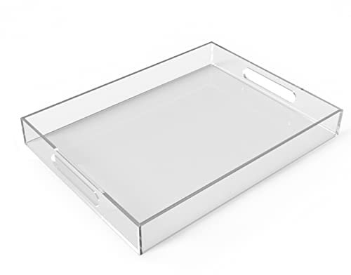 Clear Acrylic Ottoman Tray with Handles -12x16x2 Inch- Decorative Serving Trays for Appetizer,Breakfast -Countertop Organizer Storage Tray for Kitchen,Bathroom,Living Room