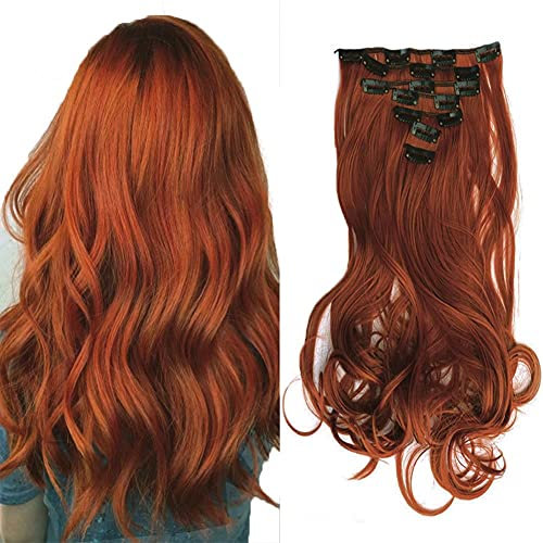 iLUU #119 Orange Rot Fashion Synthetische Haarteile 7er Vollkopf Lockiges Welliges Haarteil Set 20 130g Lange Glatte Hitzebeständige Faser Clip in Haarverlängerungen Verlängerung mit 16 Clips