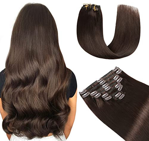 YILITE Clip in Extensions Echthaar 35cm 100% Echthaar Extensions Clip 14 Zoll 8 Stück 110g Unsichtbar Glatt Zum Anklippen Menschenhaar Doppelt Genäht (35cm #2 Dunkel Braun)