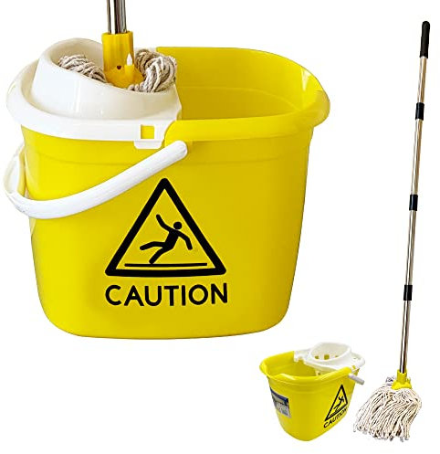 String Mop and Bucket Set, Comes with 12L Mop Bucket with Wringer and Wet Floor Caution Sign, Pure Yarn Cotton Mop with 120cm Metal Handle, Industrial & Commercial Yellow Mop Bucket Plus Floor Mop