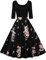 AXOE Femme Robe Pin up Rockabilly Années 50 Vintage Manche 3/4 Noir avec de Fleurs F5B, Taille 38, S