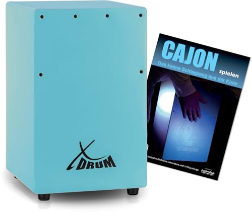 XDrum KC-37B Kinder-Cajon Set - Kleine Cajon Für Kinder - 36 cm Hoch - Snare-Effekt Durch Stimmbare Gitarrensaiten - Spar-Set Mit Schule Für Einsteiger - Blau