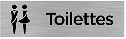 Pictogramme TOILETTES HOMMES FEMMES (Q0065). Signalisation Porte - 170 X 50 mm - Autocollant souple ou plaque alu brossé 2mm. - Adhésif aspect aluminium brossé - Adhésif aspect aluminium brossé -