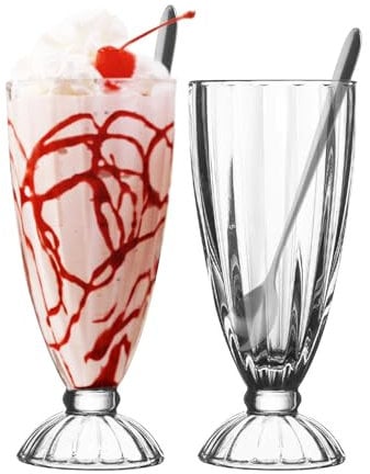 binsakao Lot de 2 verres à milkshake, à crème glacée, pour dessert, lait frappé, soda avec cuillères (342 ml, transparent)