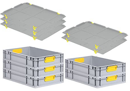 PROREGAL SuperSparSet 5x Eurobox NextGen Color mit Auflagedeckel & Schiebeschnappverschlüsse, HxBxT 12x40x60cm, 23L, Griffe gelb geschlossen, Glatter Boden, Eurobehälter Transportbox Transportbehälter
