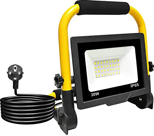 Projecteur de Chantier 30W, Lumière de Travail 36 LEDs, Projecteur Blanc 6000K, 3000LM, Panneau Rotatif à 360º, étanche IP65, Pliable, Câble de 3 m. Eclairage Extérieur, Atelier, Travail, Garage.