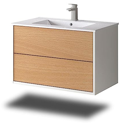 Stil.Zeit Evelia Badmöbel inkl. Waschbecken | Waschtisch mit Unterschrank 80.5 cm | Weiß/Dekor Buche| Push-to-Open/hängend