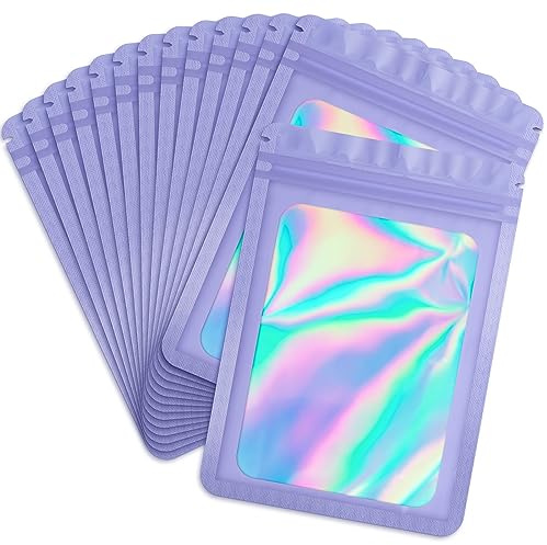 Durimoiy 100-pack holografiska återförslutningsbara väskor med framfönster, prov på baggies förseglbara mylar-väskor som festgåva, gåvor (15 x 23 cm, lila)