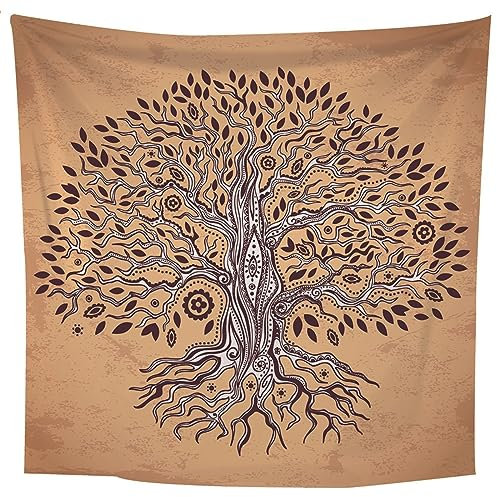 Lieson Wandtuch Baum Des Lebens, Deko Wandteppich Braun Wandbehang für Wohnzimmer Tagesdecke Zimmer Schlafzimmer, 200x200CM