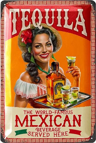 LANOLU Retro Blechschild TEQUILA MEXICAN - Geschenk Cocktail und Whisky und Tequila Enthusiasten, Perfekte Bar Deko, Retro Deko, 20x30cm