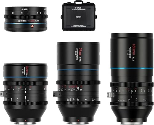SIRUI Venus T2.9 1.6X Full-Frame Anamrophic Lens Set with 1.25x Anamorphic Adapter, Telephoto Anamorphic Cine Lens, 35mm+75mm+150mm Venus Lens Set for E Mount, Blue Flare