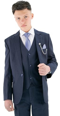 Boys Textured 8-Piece Formal Suit - Slim Fit for Pageboy, Wedding 126 Navy Blue Size 8 Years UK