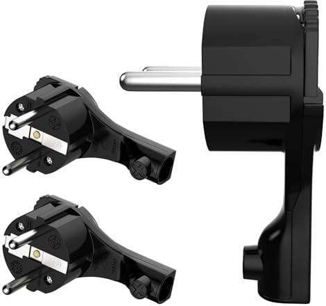 RedStar24 Schutzkontakt-Winkelstecker 250V, 16A, Flachstecker mit Klappgriff & Knickschutz, 8 mm Höhe, für Kabel bis 3x1,5 mm², CEE 7/7, Schuko-Winkelstecker extraflach mit Bügel, 3 Stück, Schwarz